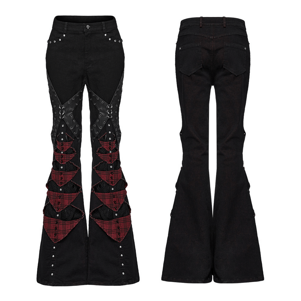 Black and red plaid gothic flared pants featuring studs, spikes, and a punk rock design with mesh panels.