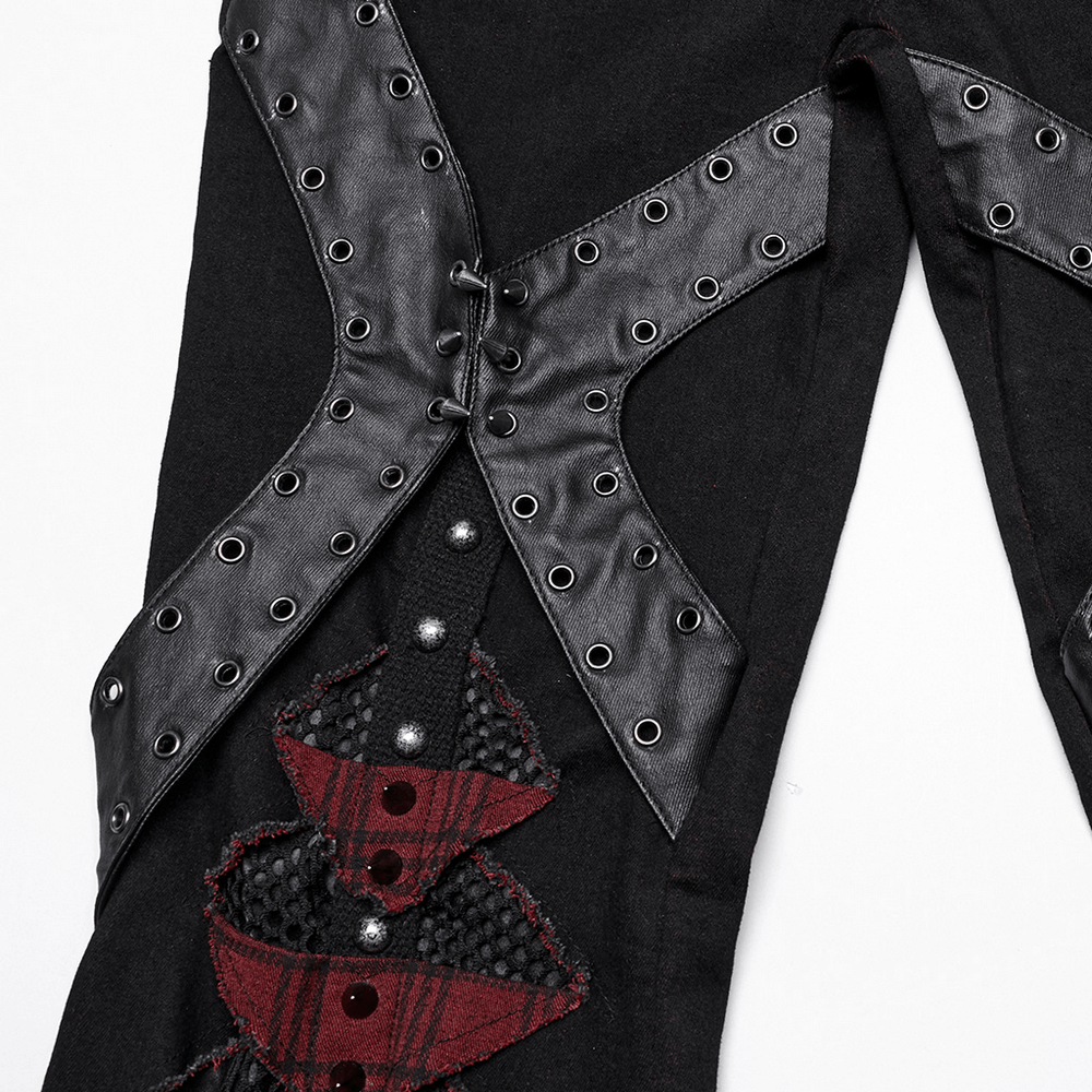 Black and red plaid gothic flared pants with studs, featuring mesh panels and edgy spikes for punk style.