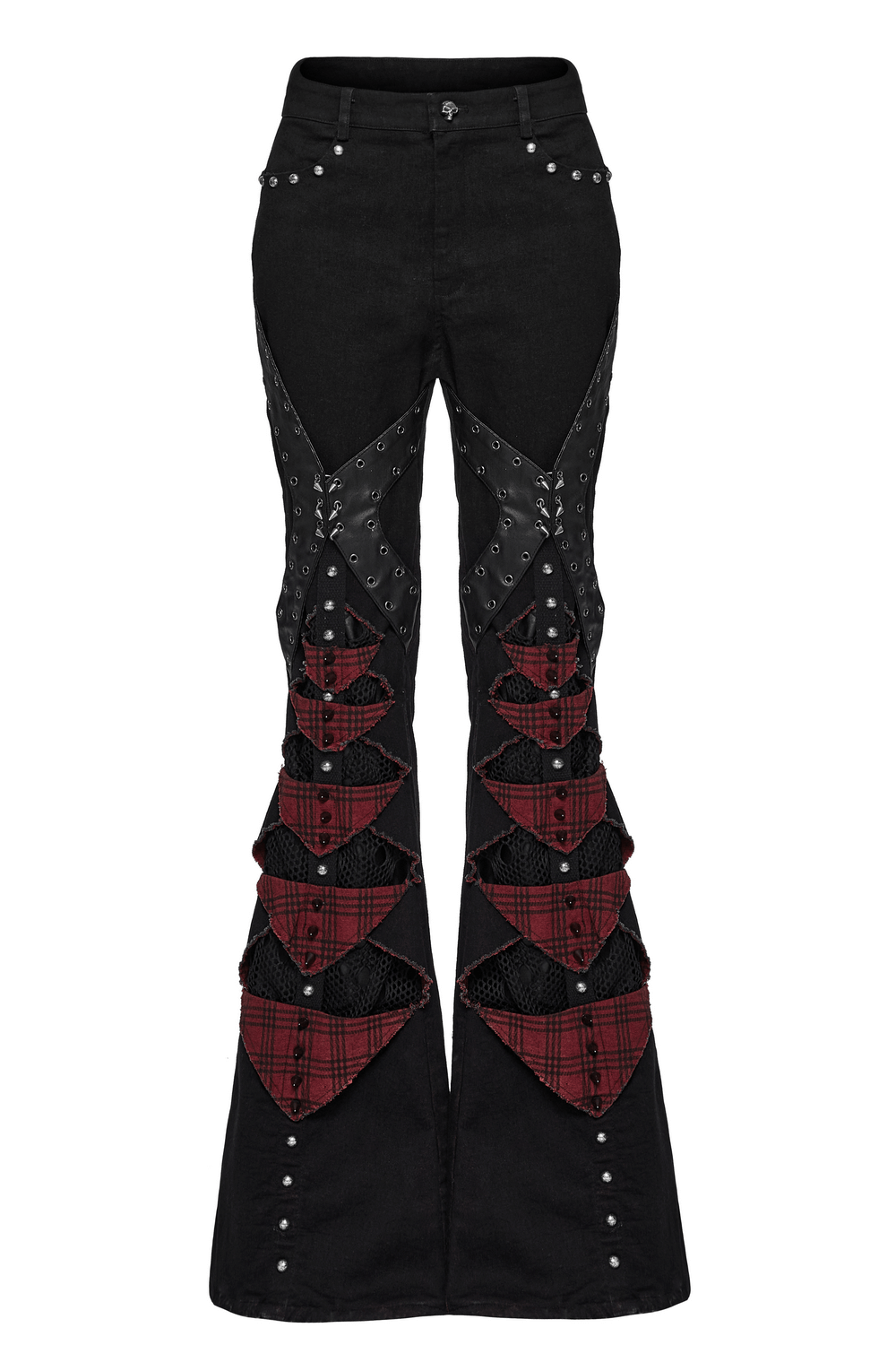 Black and red plaid flared gothic pants with spikes and studs, featuring mesh panels and a distressed finish.