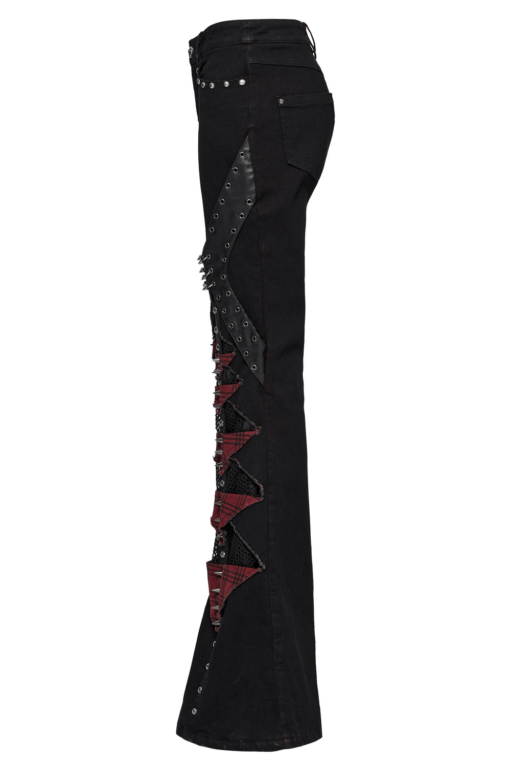 Side view of black and red plaid gothic flared pants with spikes and studs for a punk rock look.