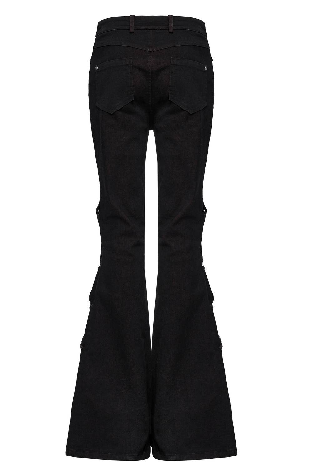 Back view of black flared pants featuring unique cutouts and stylish detailing for a gothic punk look.