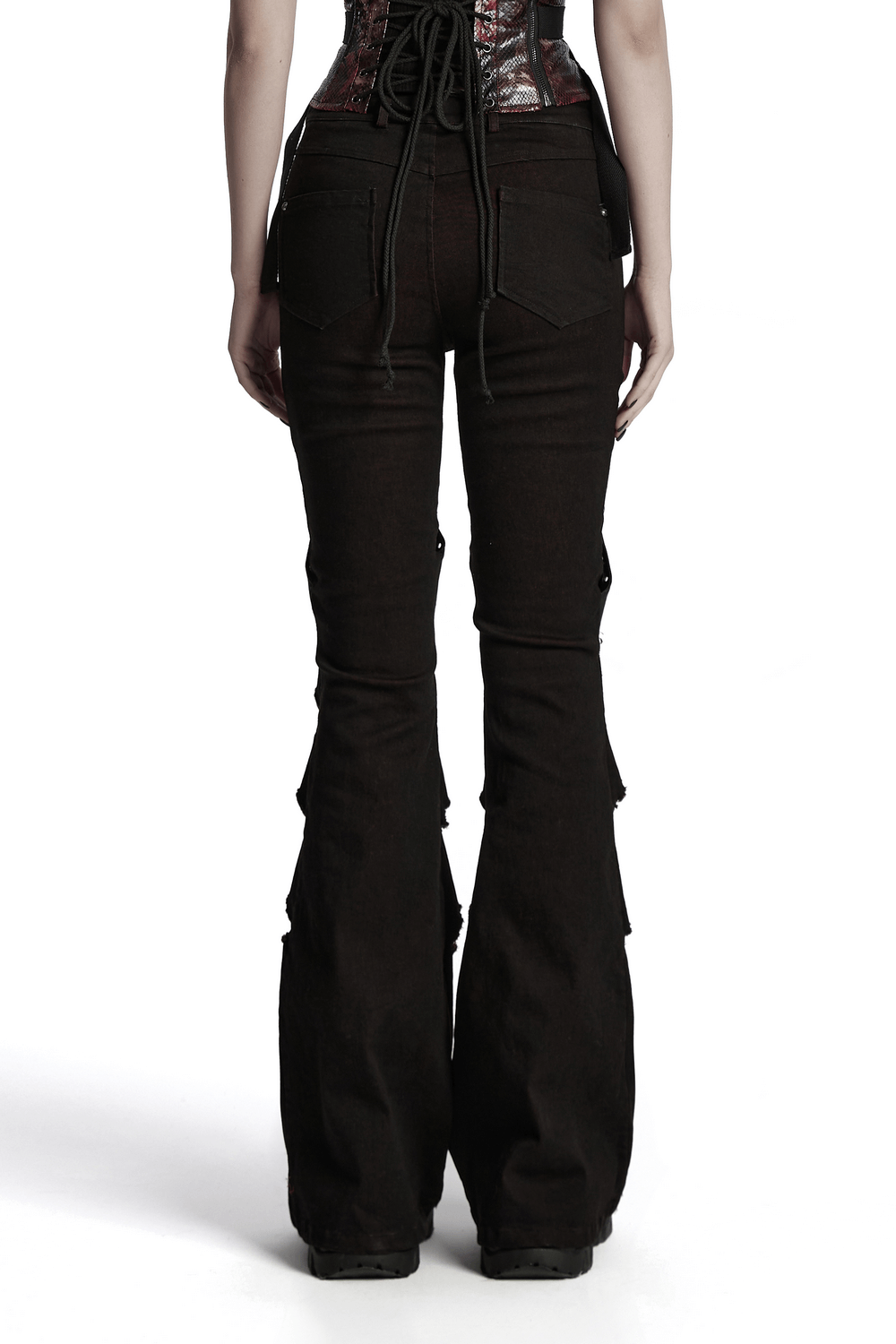 Back view of black flared pants featuring flounce layers and a fitted waistline, perfect for goth or punk style.