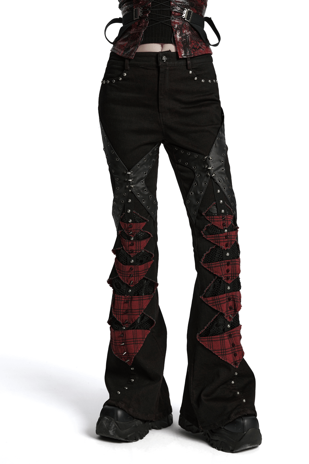 Black and red plaid gothic flared pants with studs, featuring mesh panels and punk spikes for a bold street style.