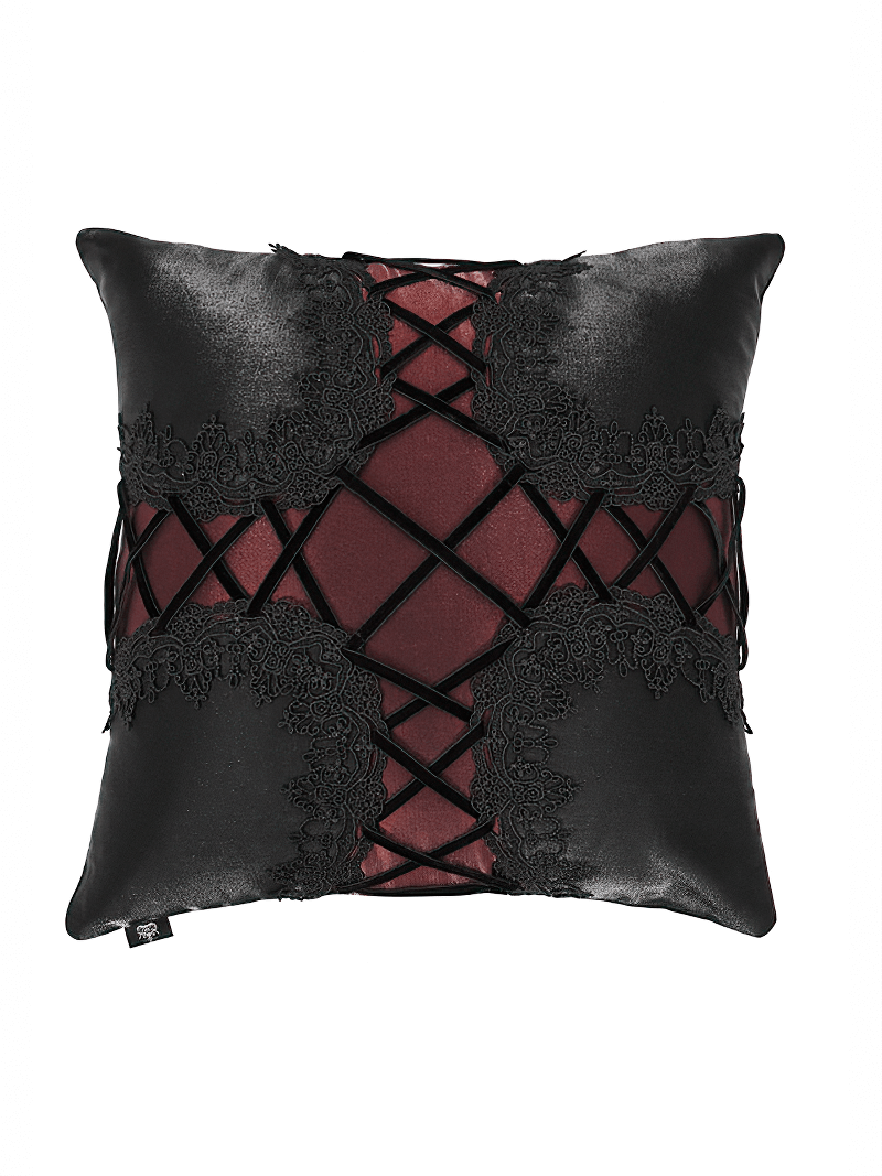 Black and red satin sofa cushion with lace accents, perfect for gothic-style decor.