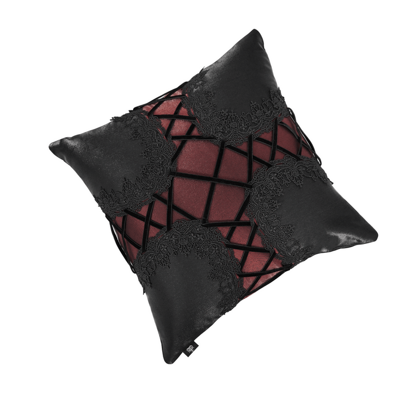 Black and Red Satin Sofa Cushion / Comfortable Pillow with Decorative Lacing - HARD'N'HEAVY