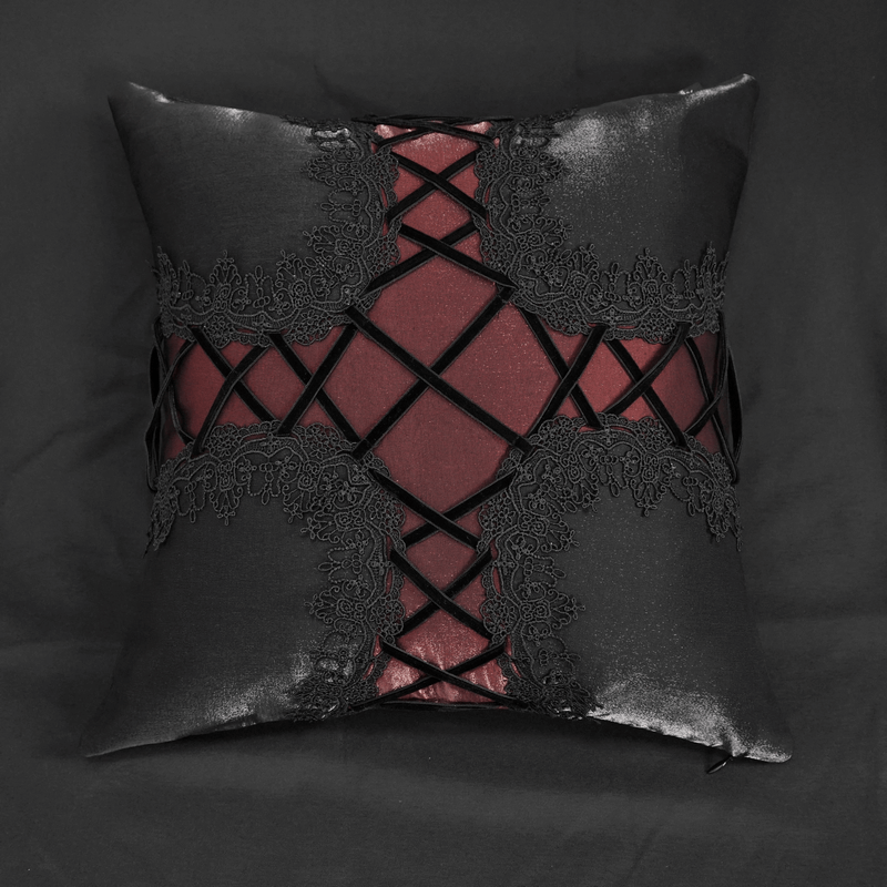 Black and Red Satin Sofa Cushion / Comfortable Pillow with Decorative Lacing - HARD'N'HEAVY