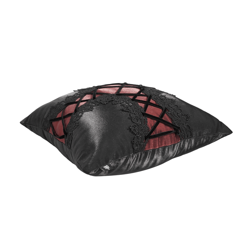 Black and red satin sofa cushion with decorative lacing, perfect for gothic-style decor.