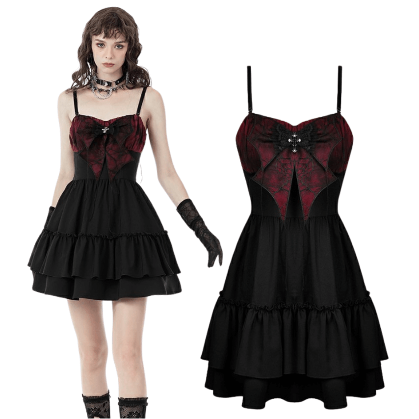 Black and red spiderweb print gothic dress with sweetheart neckline and bow, perfect for a night out.