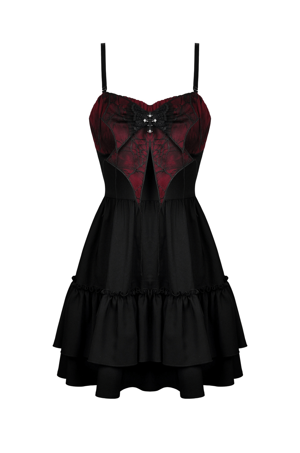 Black and red gothic spiderweb print dress with sweetheart neckline and flared skirt, perfect for dark fashion lovers.