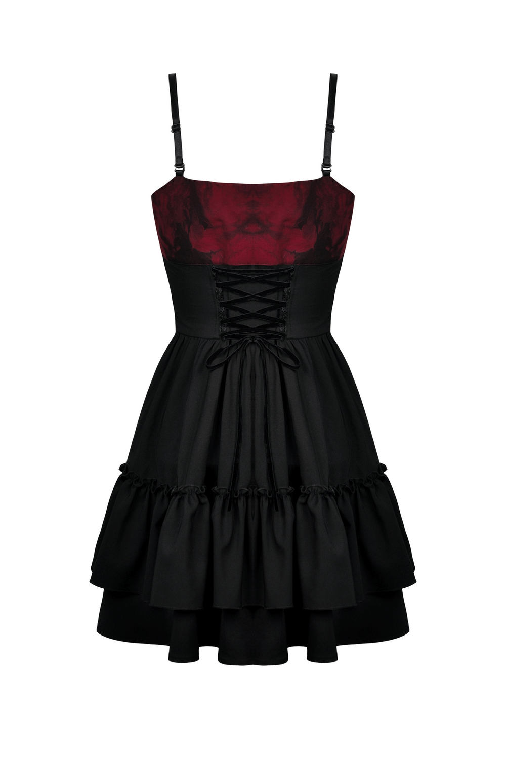 Black and red gothic dress with sweetheart neckline and lace-up back, perfect for a dark and playful night out.