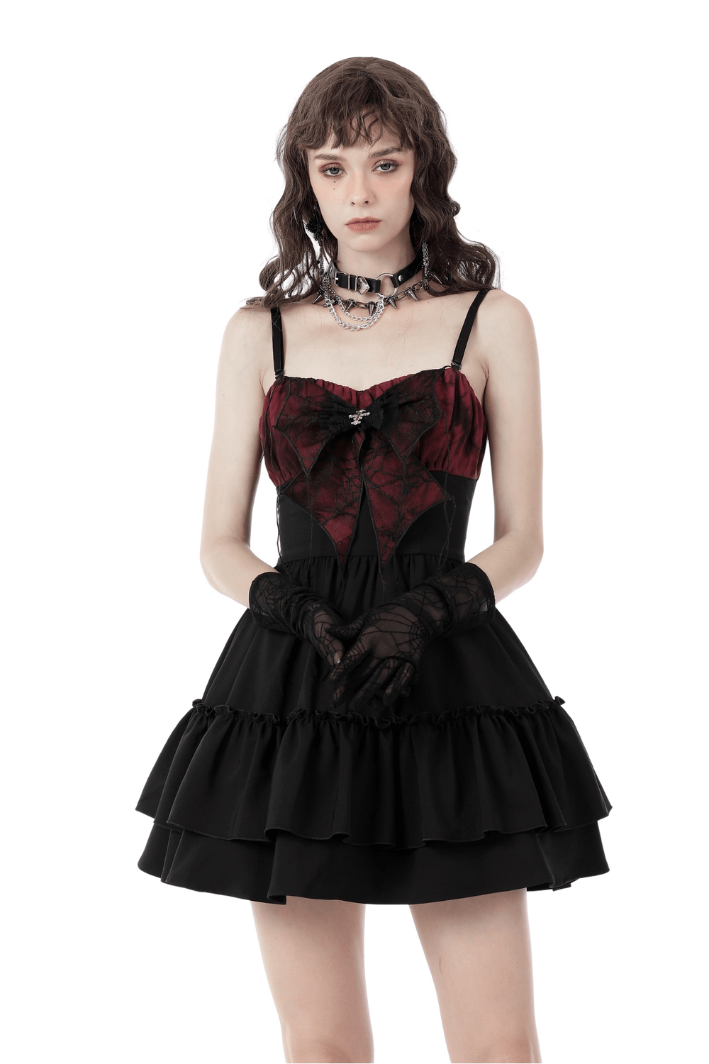 Black and red spiderweb print gothic dress with bow, featuring a sweetheart neckline and playful flared skirt.