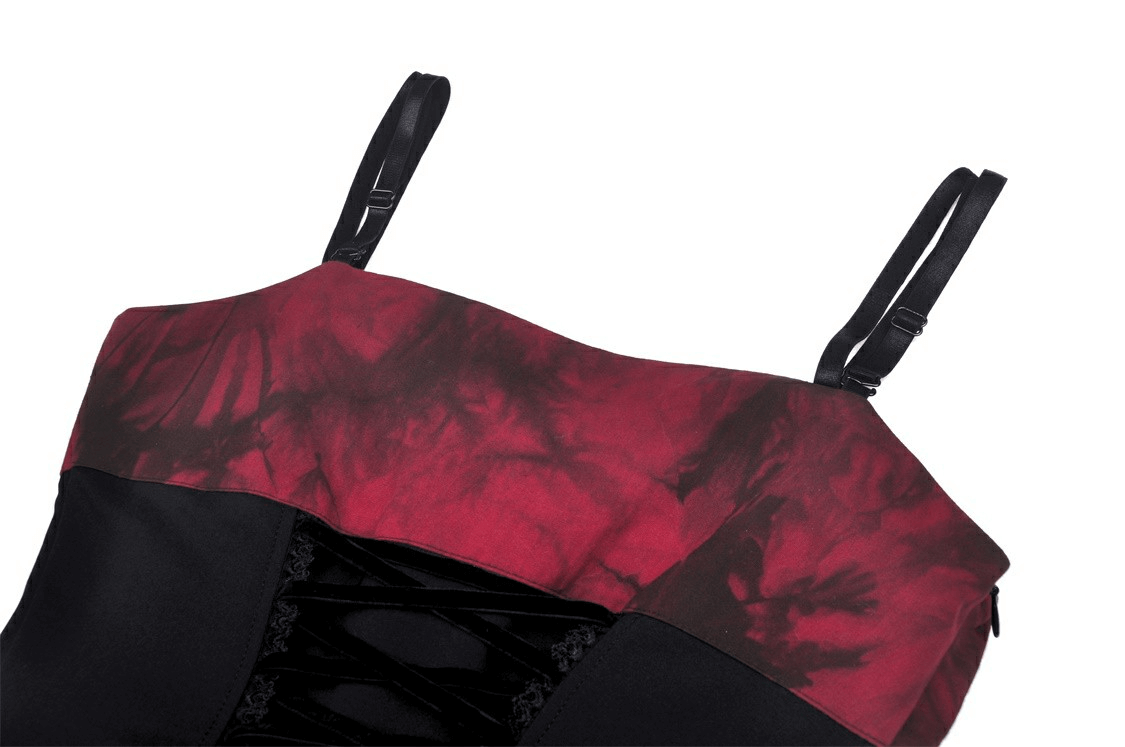 Close-up of the black and red gothic dress showcasing the sweetheart neckline and adjustable straps.