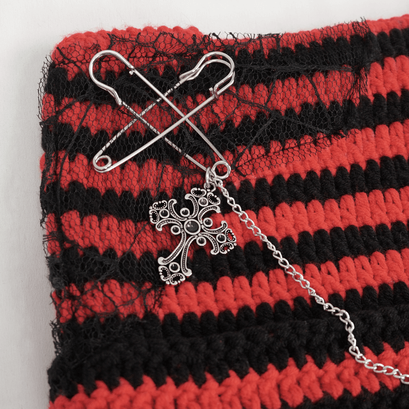 Black and Red Striped Crochet Cat Beanie / Gothic Warm Hat with Chain and Cross - HARD'N'HEAVY
