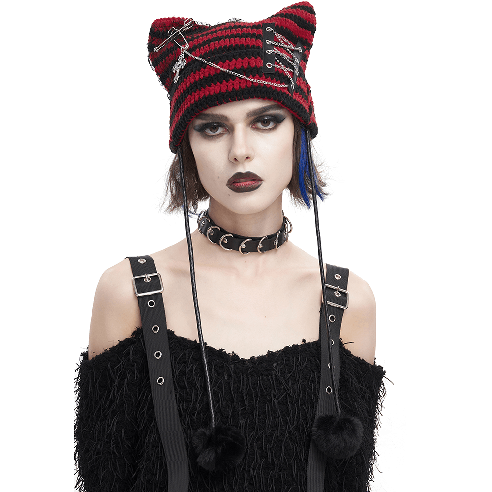 Black and Red Striped Crochet Cat Beanie / Gothic Warm Hat with Chain and Cross - HARD'N'HEAVY