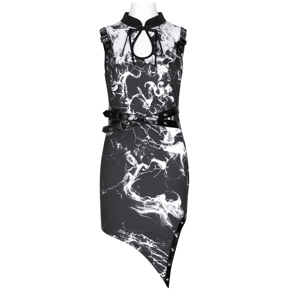 Black and white Gothic asymmetrical dress with smoky web print and buckle accents, perfect for edgy fashion lovers.