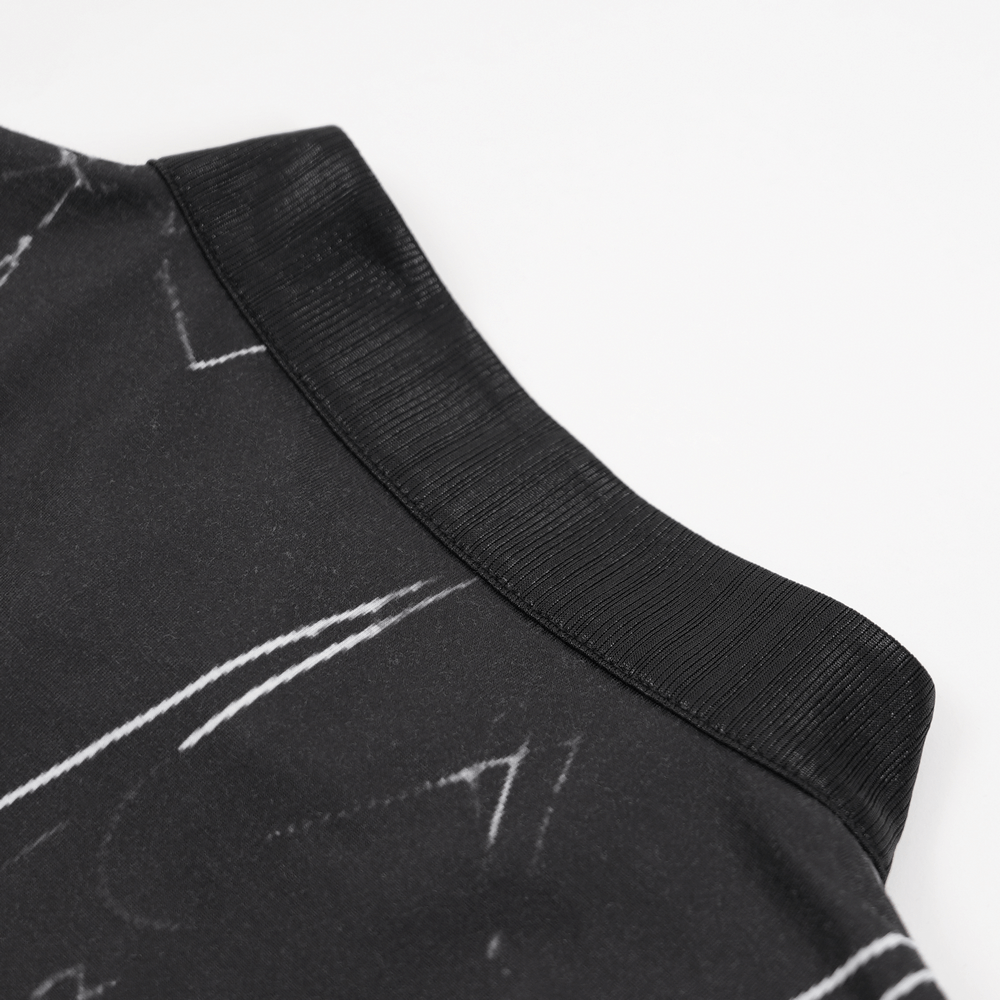 Close-up of the black and white gothic dress collar showcasing smoky marbled design and textured fabric details.