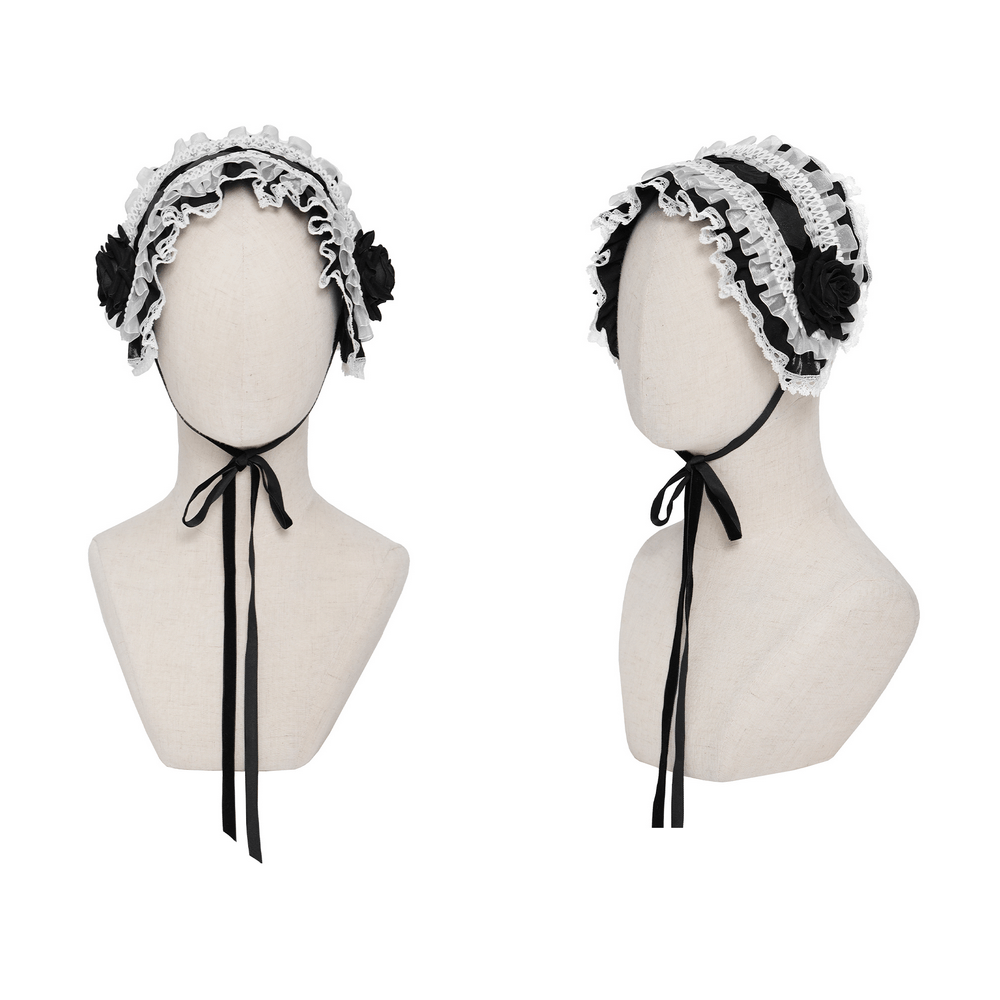 Black and White Gothic Lolita Lace Bonnet with Roses styled on mannequins showcasing lace trim and black rose accents.