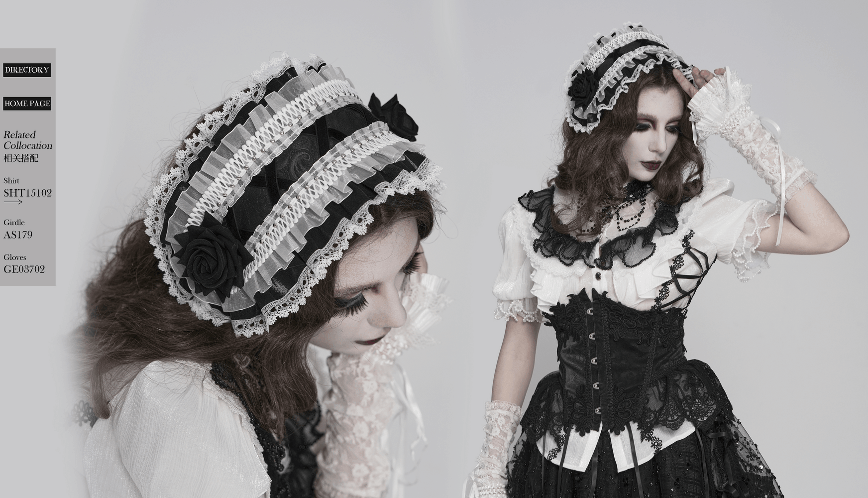 Black and White Gothic Lolita Lace Bonnet with Roses worn by model, showcasing the elegant design and intricate details.