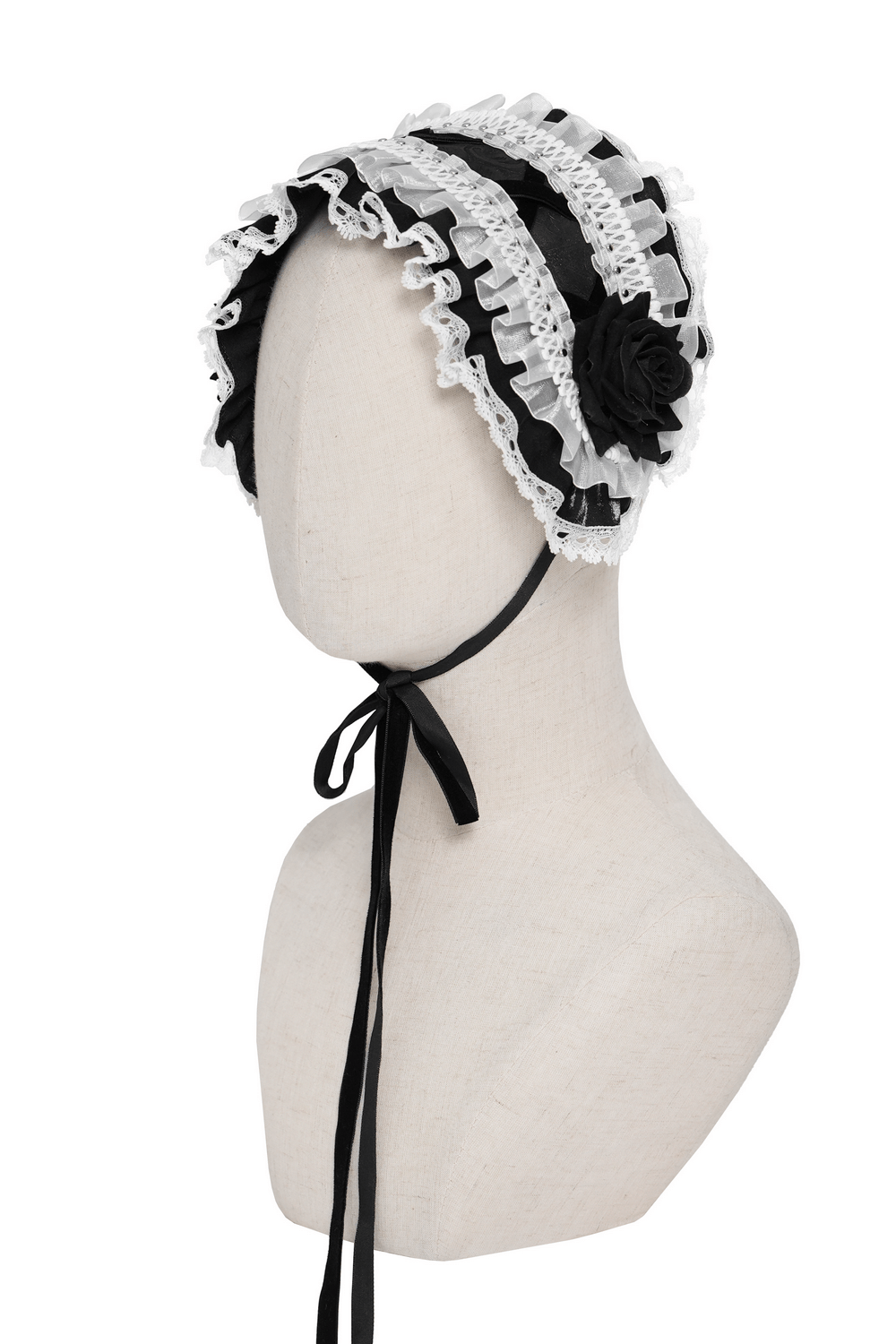 Black and White Gothic Lolita Lace Bonnet with Roses showcased on a mannequin, featuring lace trim and ribbon ties.