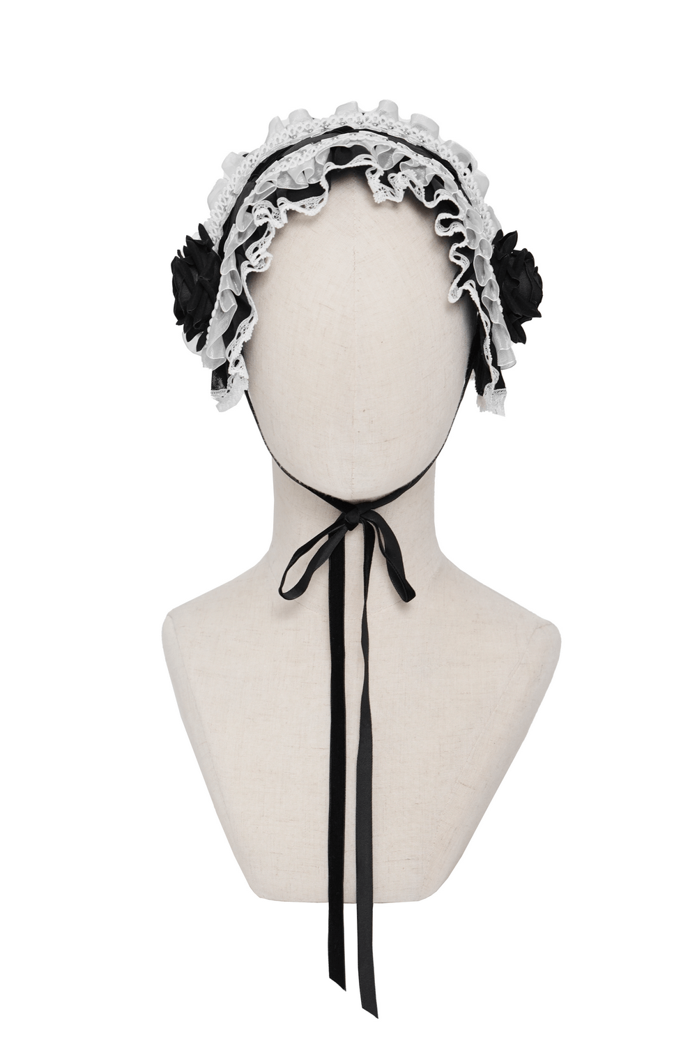 Black and White Gothic Lolita Lace Bonnet with Roses featuring lace trim and black rose accents.