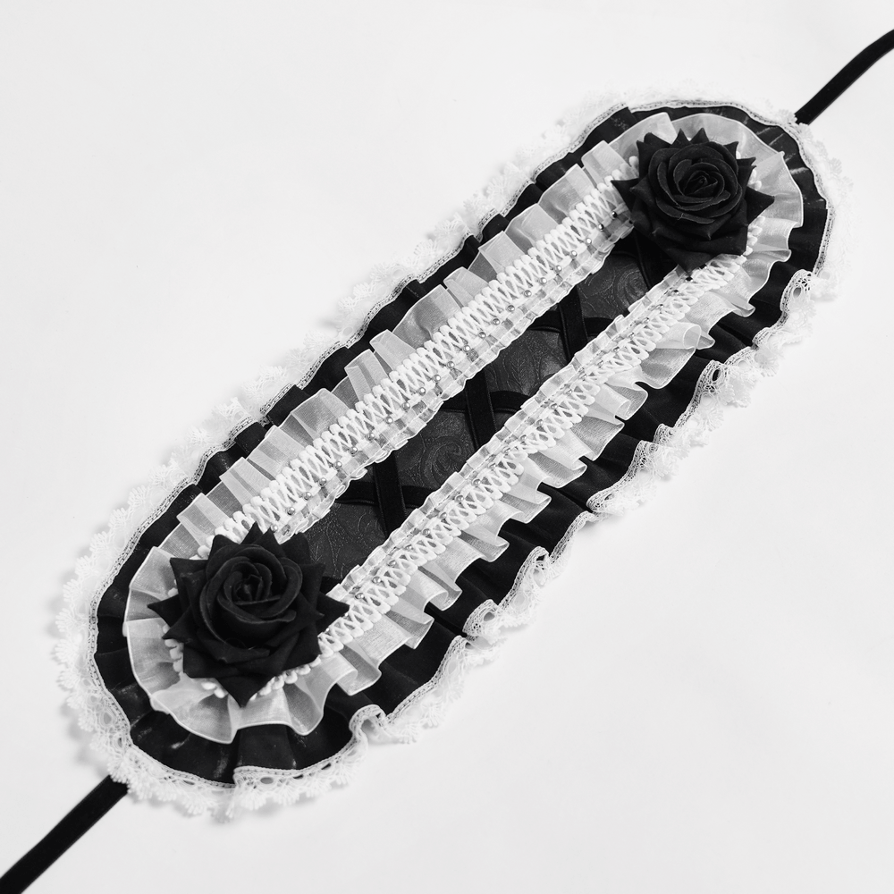Black and White Gothic Lolita Lace Bonnet with Roses featuring layered lace trim and black rose accents.