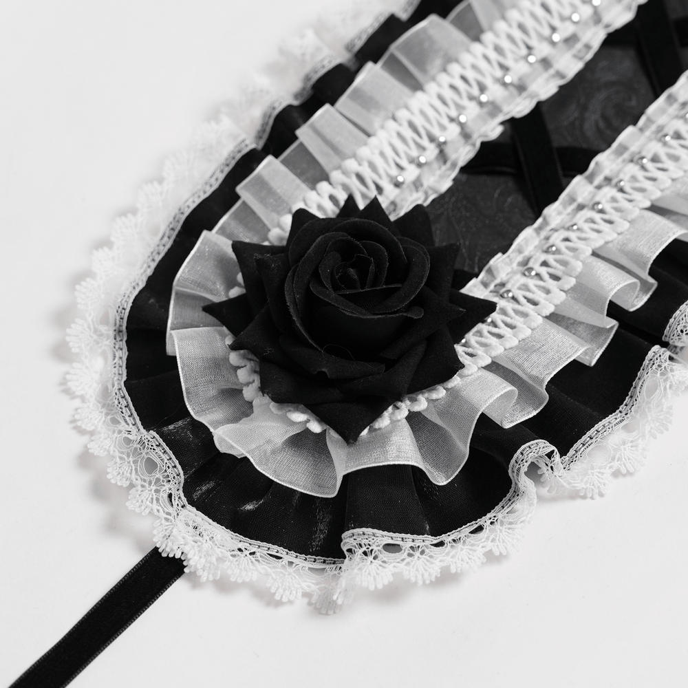 Black and White Gothic Lolita Lace Bonnet with Roses features intricate lace trim and a black rose accent.