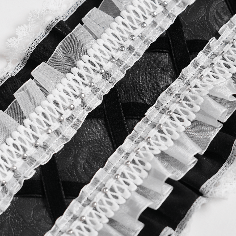Black and White Gothic Lolita Lace Bonnet with Roses detailed lace and ruffled accents for dramatic Victorian style.