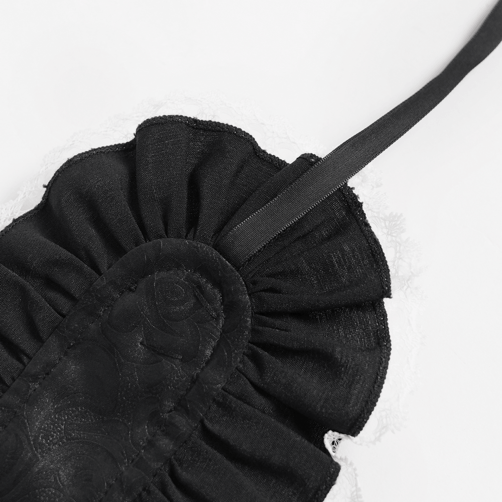 Black and White Gothic Lolita Lace Bonnet with Roses close-up showcasing ruffled lace and ribbon details.