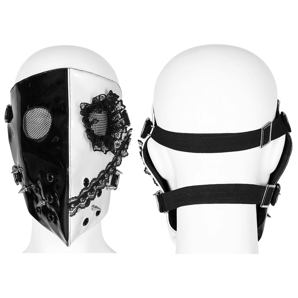 Black and white gothic mask with lace, ventilation holes, and adjustable straps, perfect for alternative and cosplay styles.