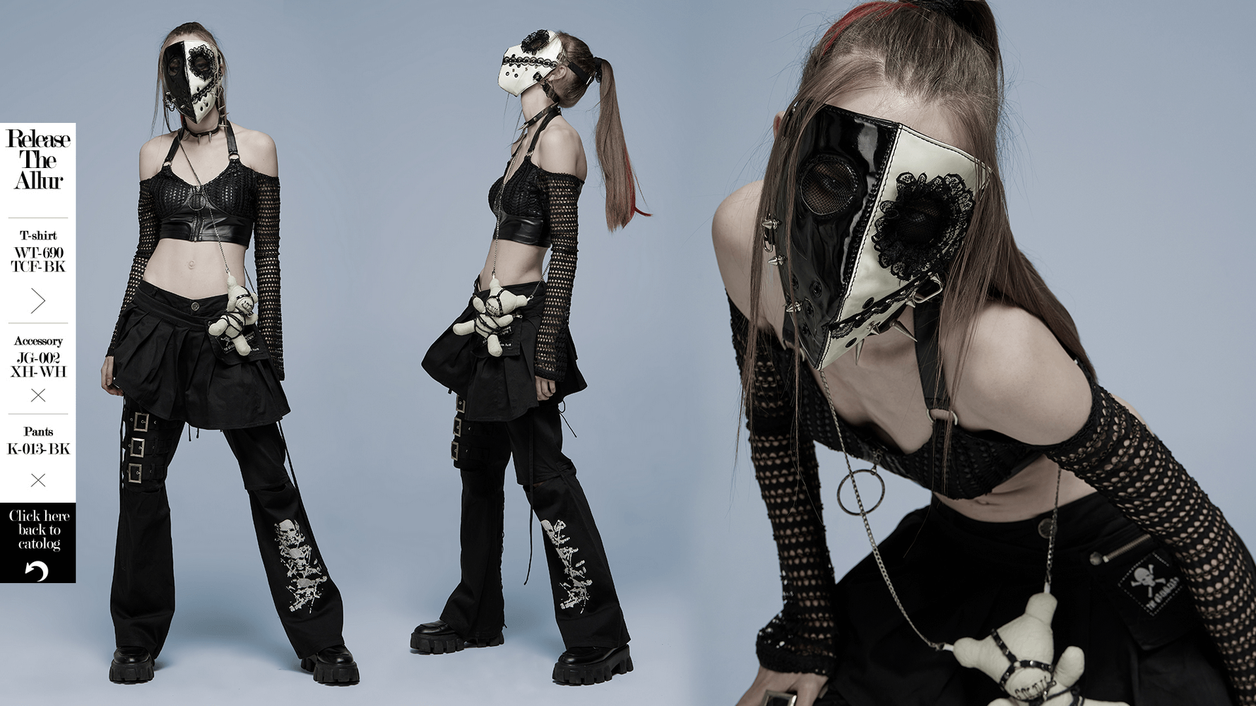 Stylish model in black and white gothic mask, showcasing dark Lolita fashion with lace and ventilation details.