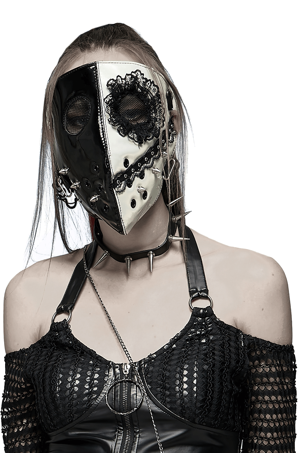 Black and white gothic mask with lace details, perfect for dark Lolita, cosplay, and alternative styles.