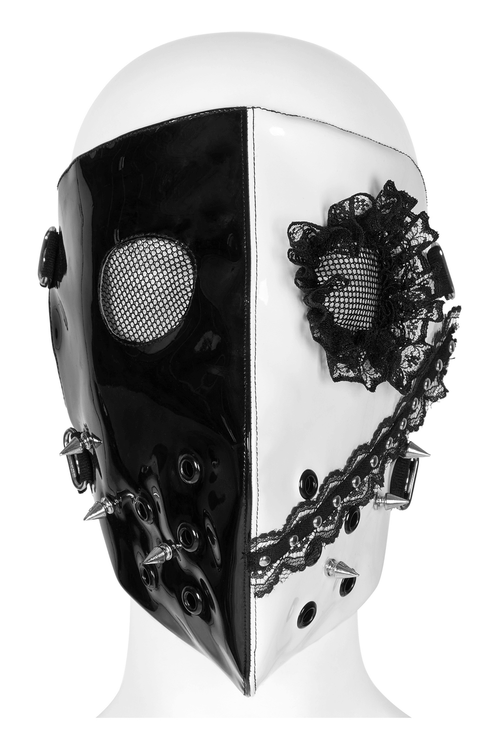 Black and white gothic mask with lace, spikes, and ventilation for dark Lolita and cosplay styles.