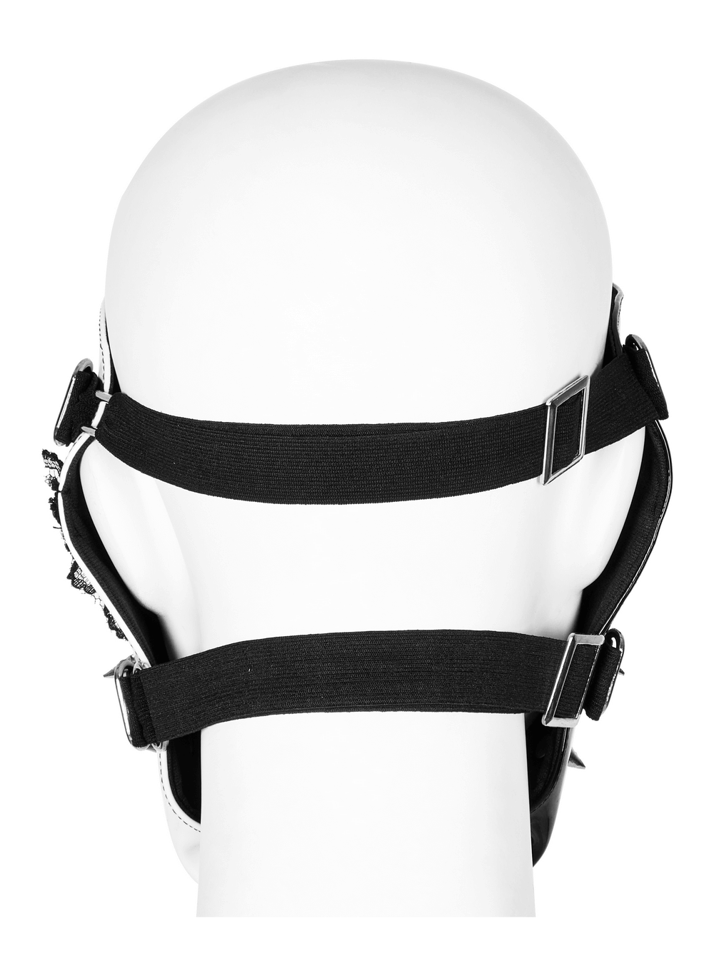 Back view of a black and white gothic mask with adjustable straps and lace detailing for a stylish fit.