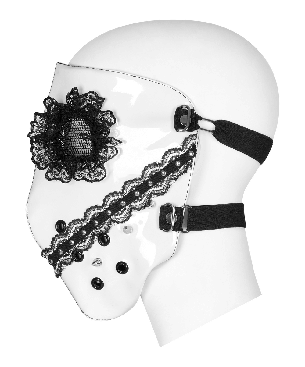 Black and white gothic mask featuring lace, pearls, and adjustable straps for alternative fashion looks.