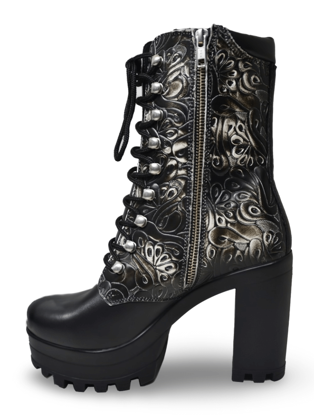 Black and White Grained Leather Platform Boots for Women