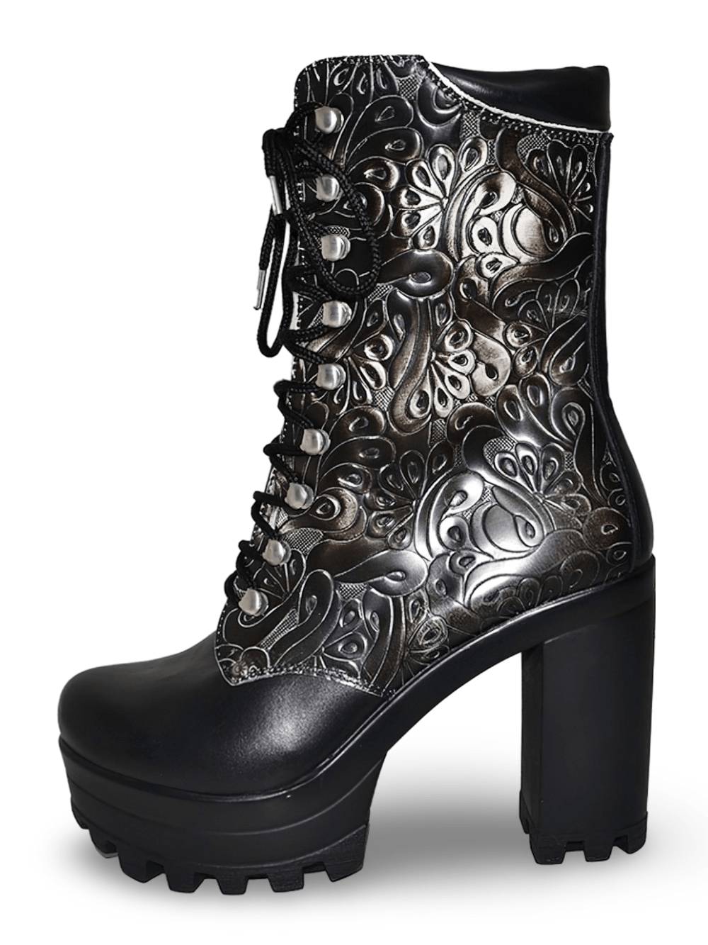 Black and White Grained Leather Platform Boots for Women