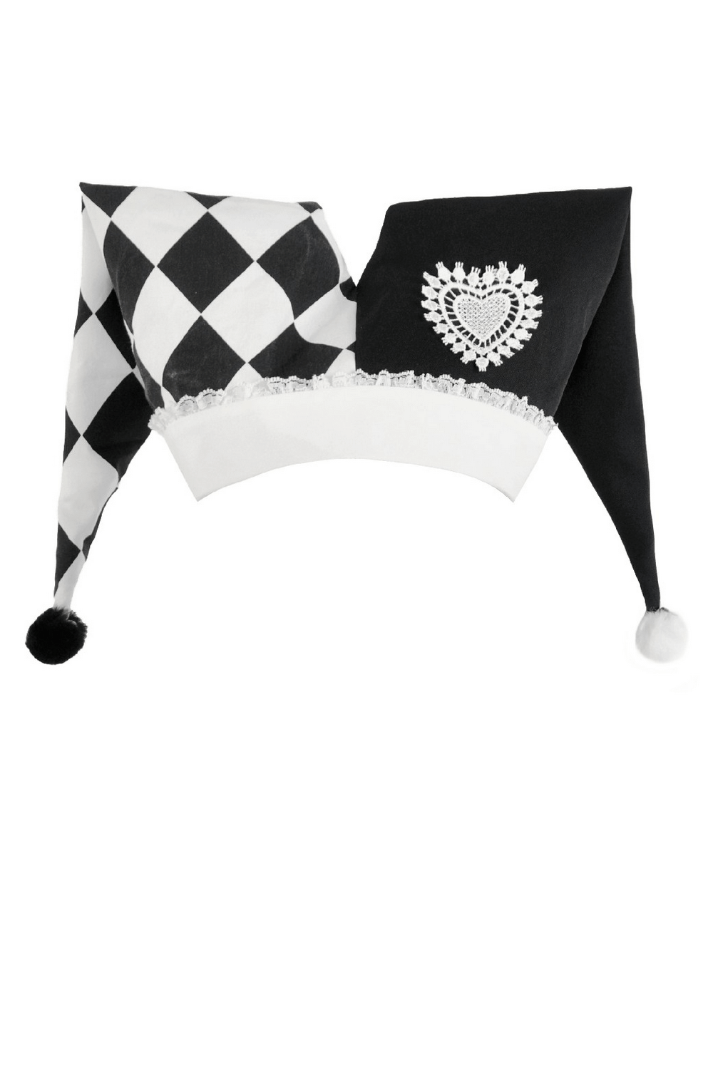Black and White Harlequin Jester Hat with Lace Trim showcasing playful design and elegant details.