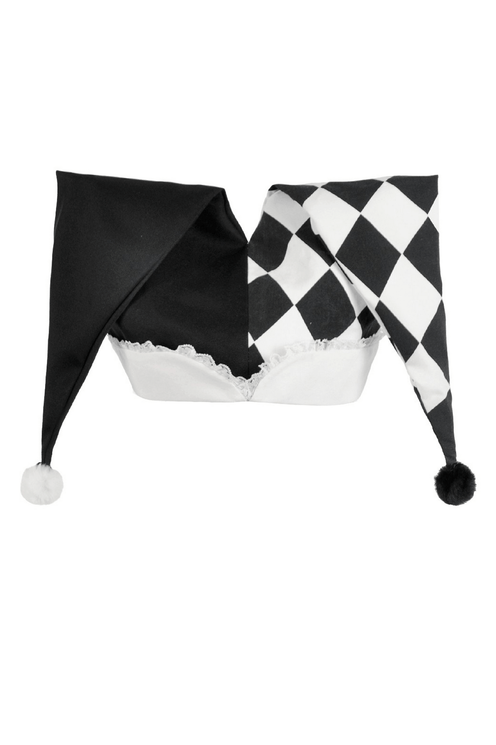 Black and White Harlequin Jester Hat with Lace Trim, featuring playful colors and stylish lace detailing, perfect for costumes.