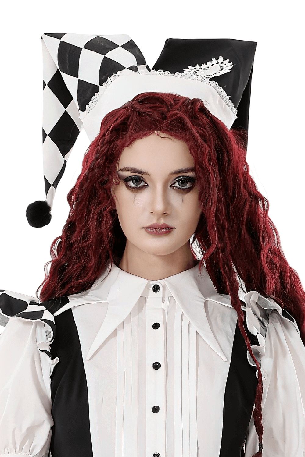 Black and White Harlequin Jester Hat with Lace Trim worn by a model with red hair and a playful expression.