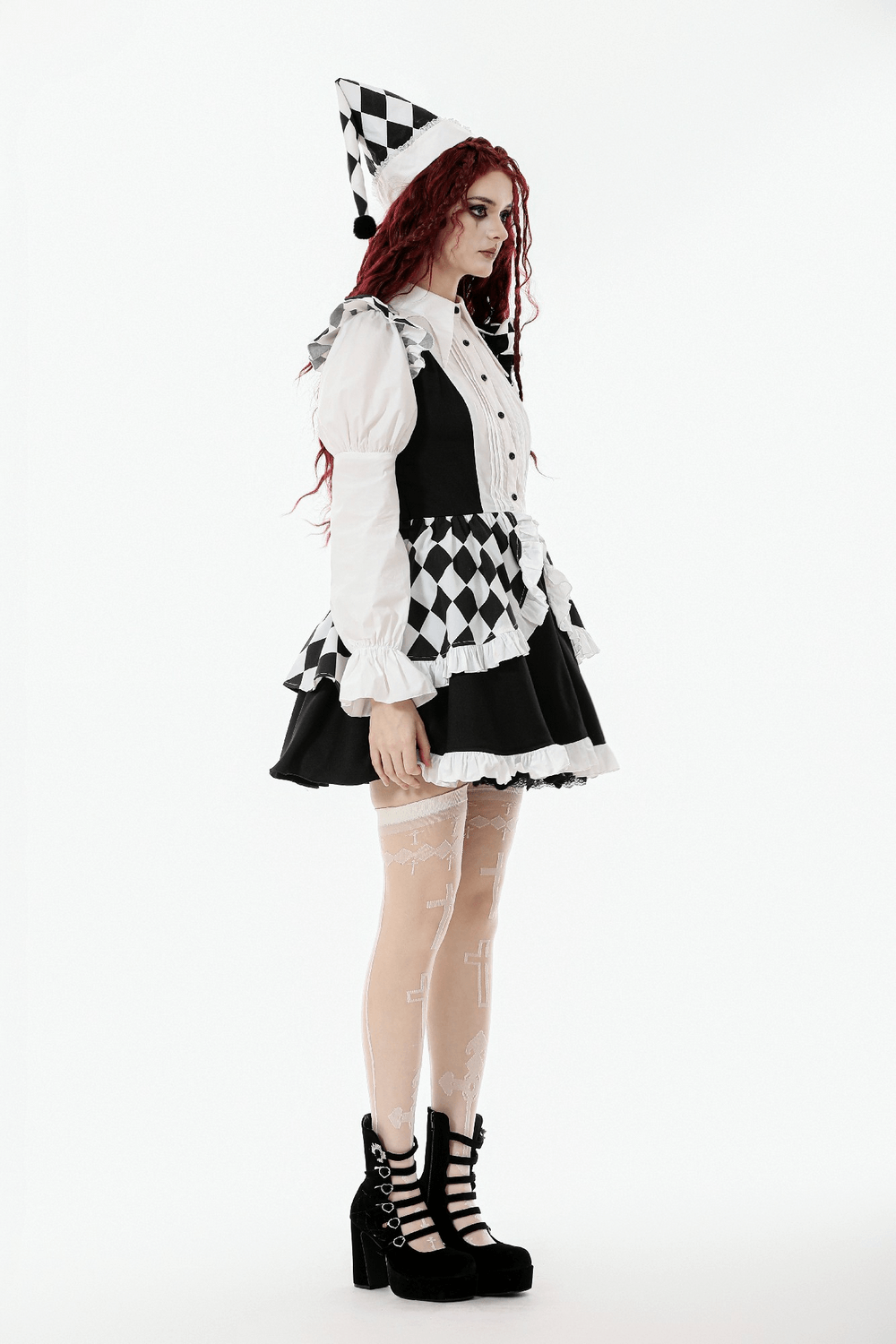 Black and White Harlequin Jester Hat with Lace Trim worn by a model in a stylish outfit.