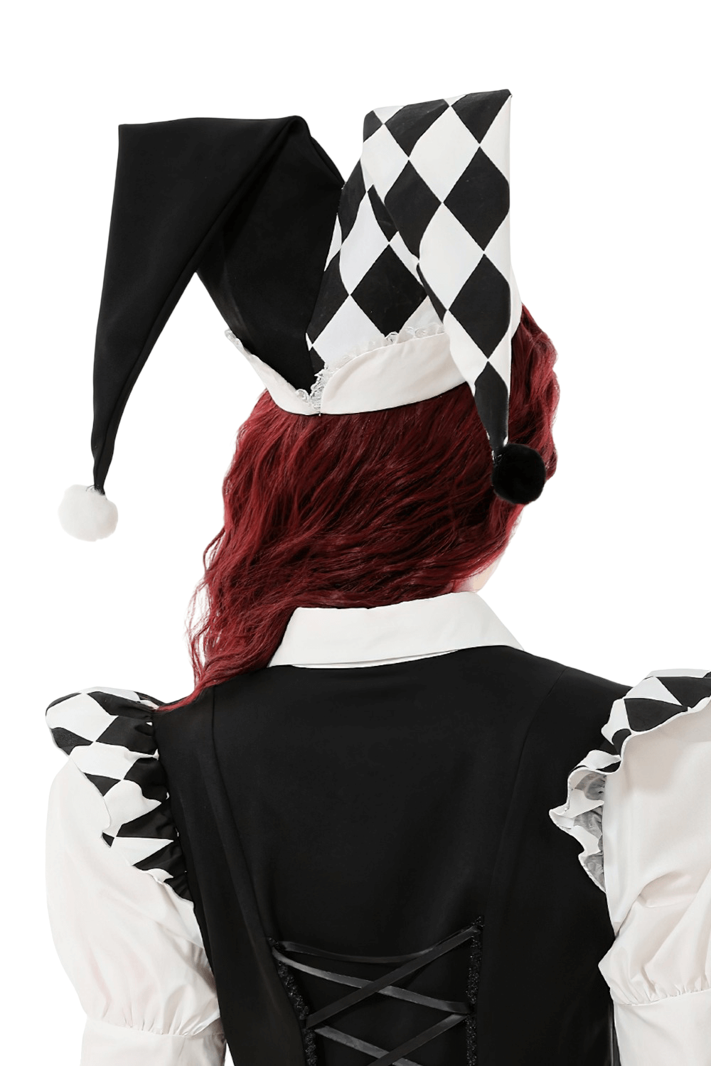 Black and White Harlequin Jester Hat with Lace Trim worn by a person with red hair, showcasing unique design and colors.