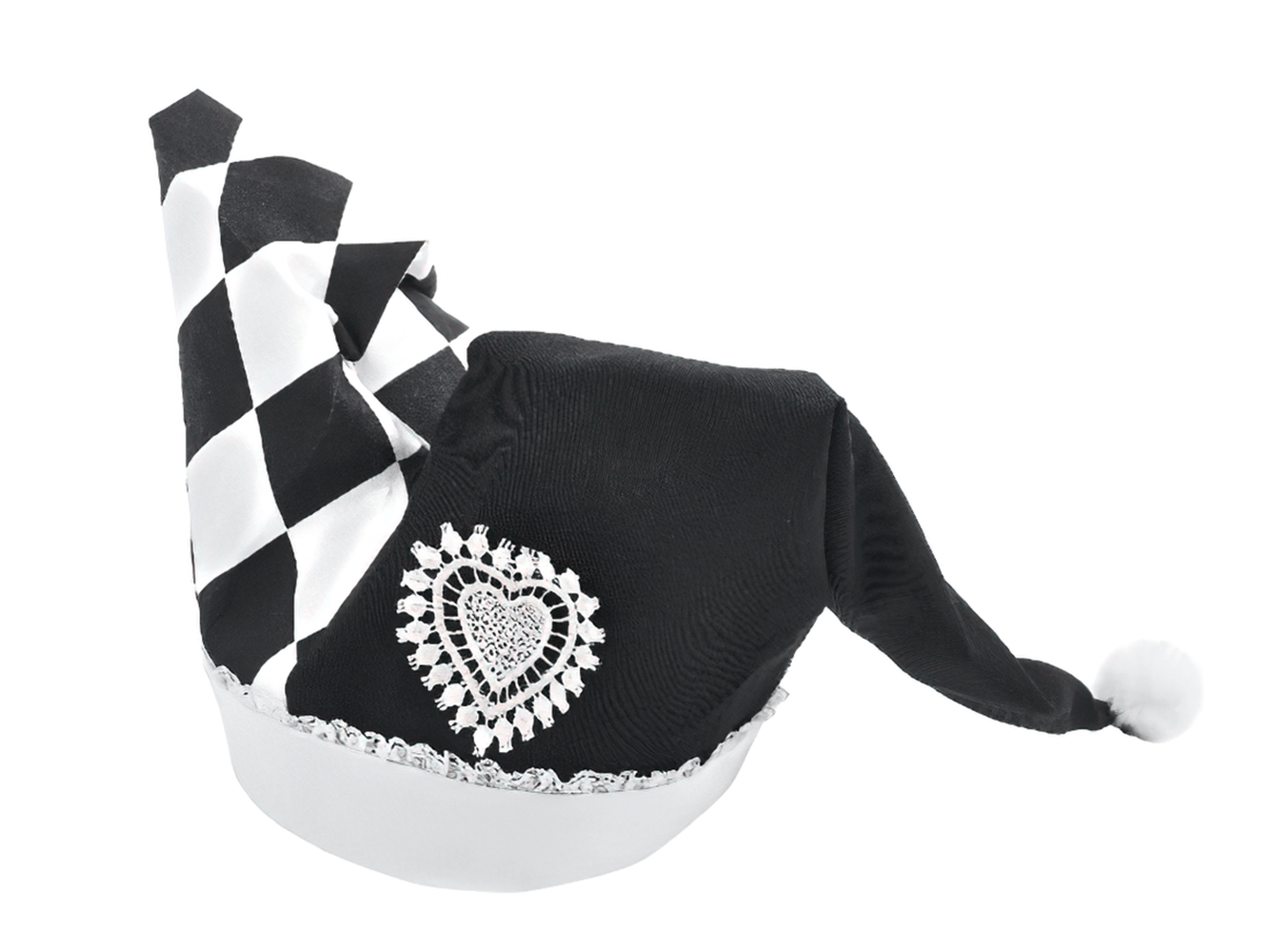 Black and White Harlequin Jester Hat with Lace Trim featuring a charming design and playful colors.