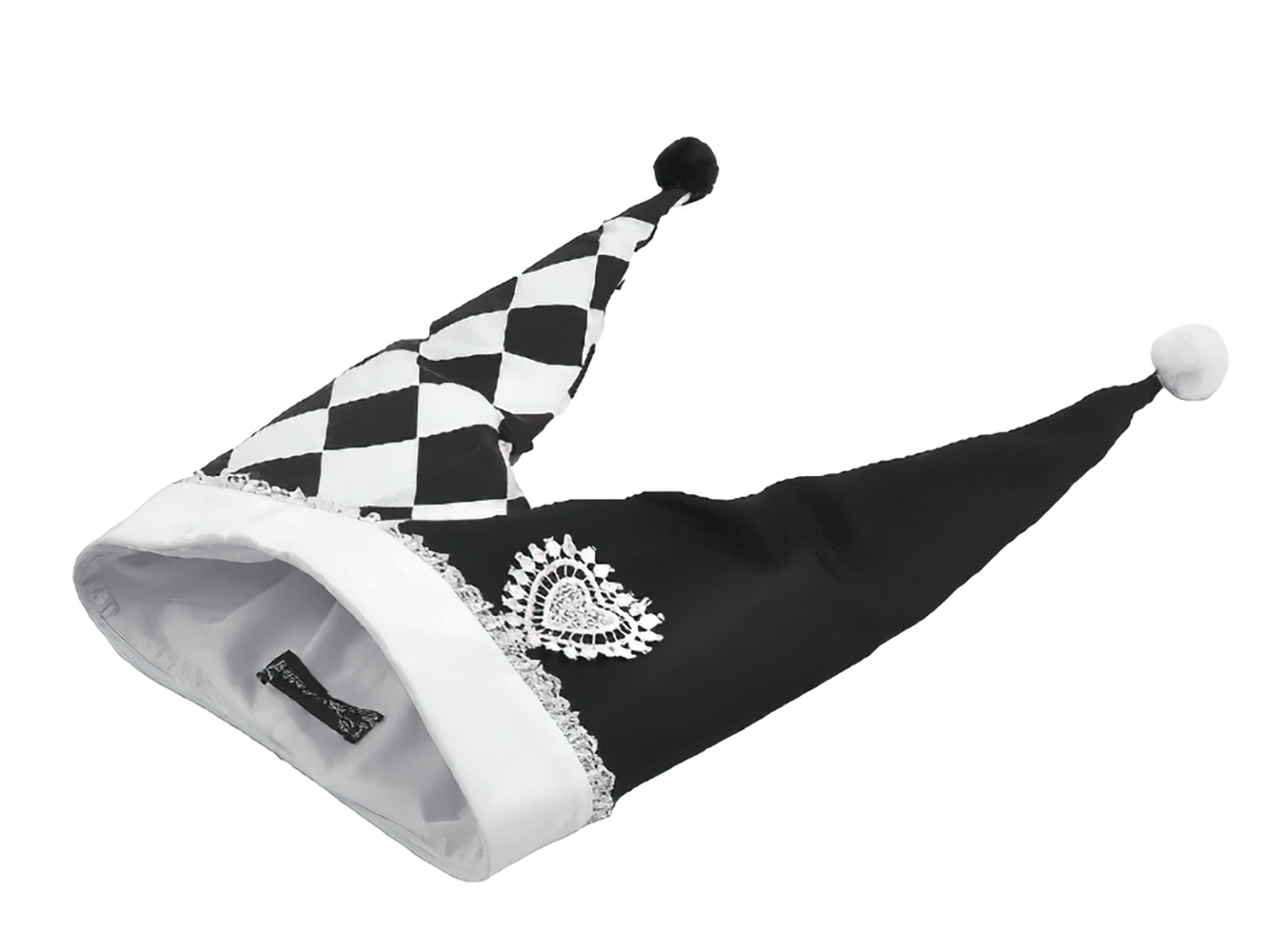 Black and White Harlequin Jester Hat with Lace Trim displayed with unique lace detailing and playful design.