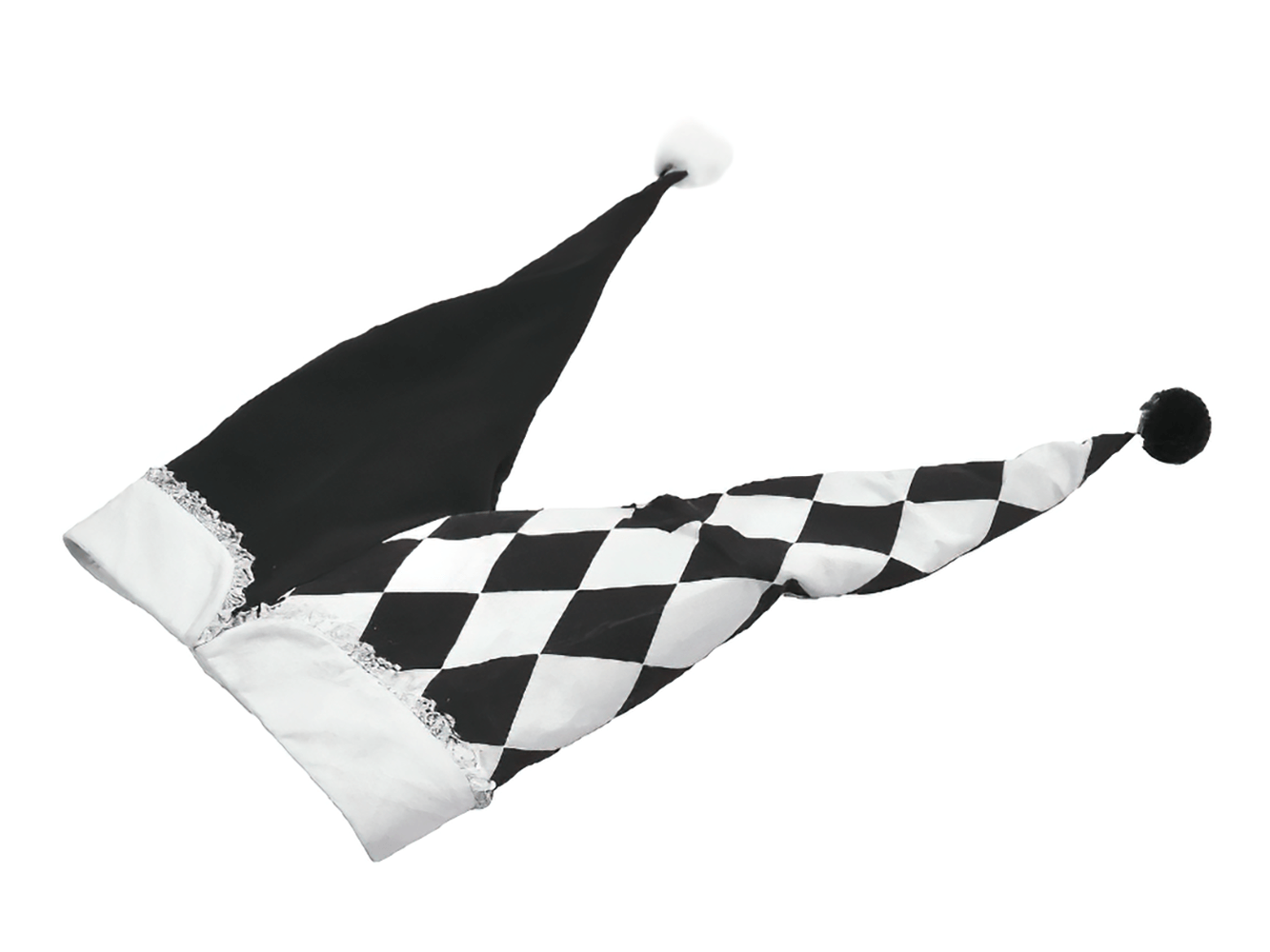 Black and White Harlequin Jester Hat with Lace Trim, perfect for costumes and festive occasions.