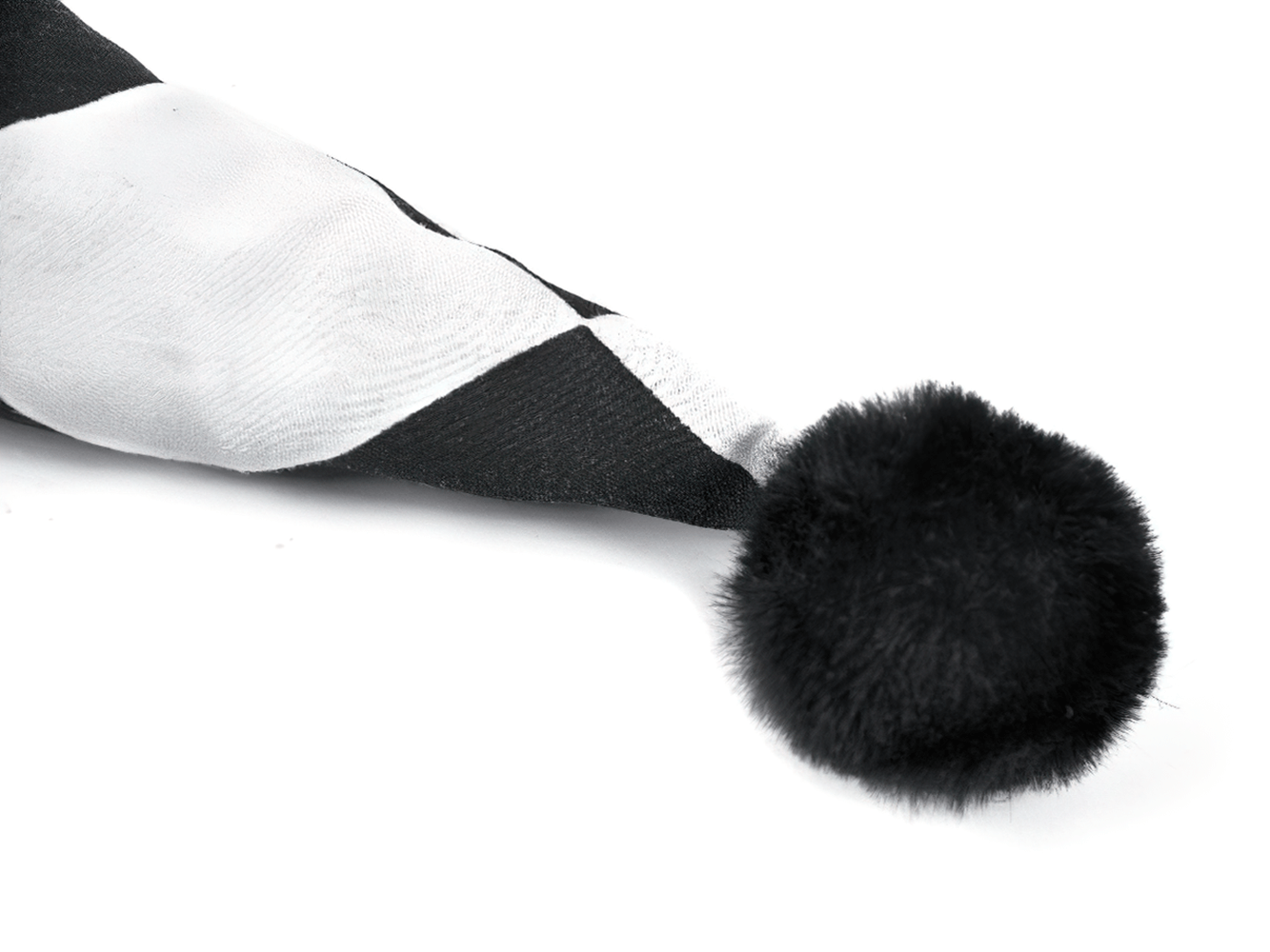 Black and White Harlequin Jester Hat with Lace Trim featuring a playful black pom-pom.