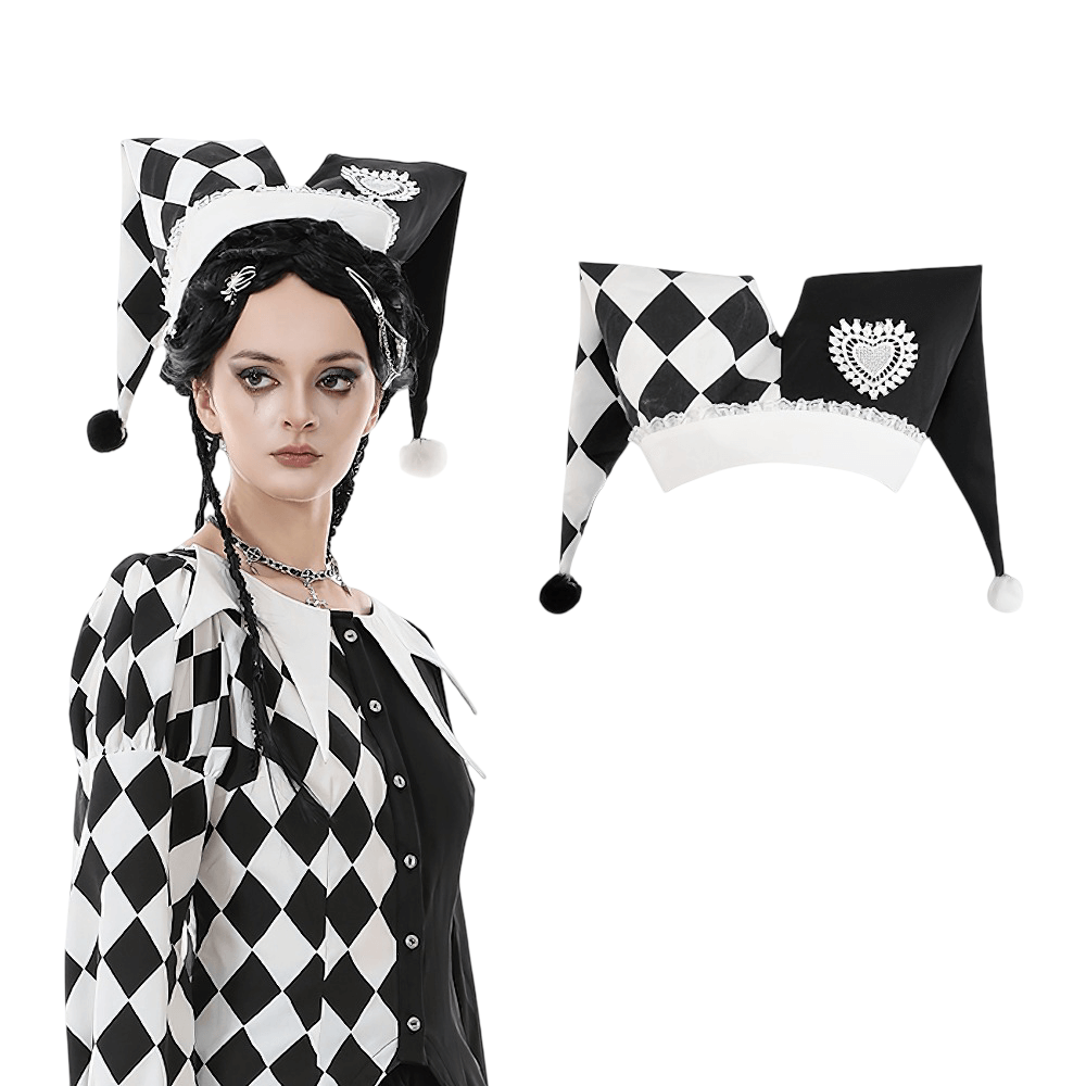 Black and White Harlequin Jester Hat with Lace Trim worn by a model, featuring a chic design and playful shape.