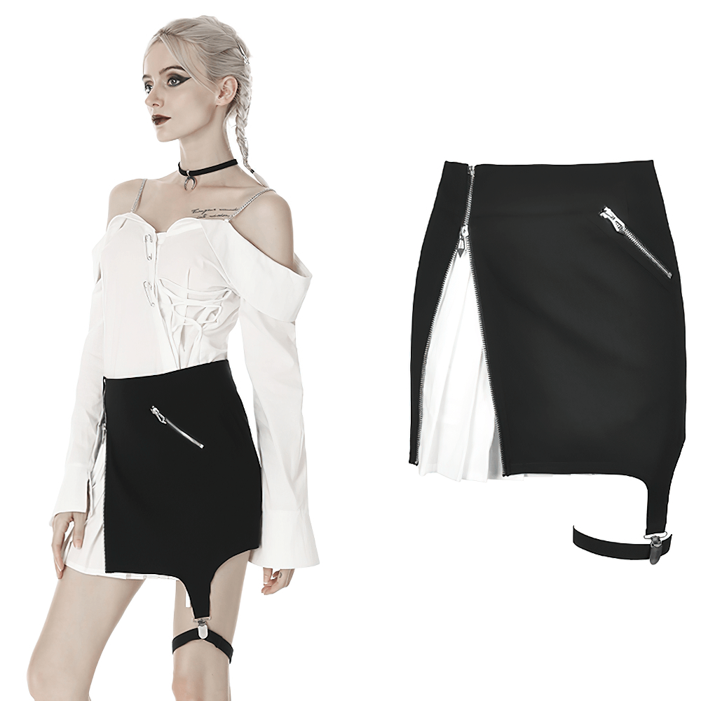 Black and White Punk Mini Skirt with Leg Loop Zipper