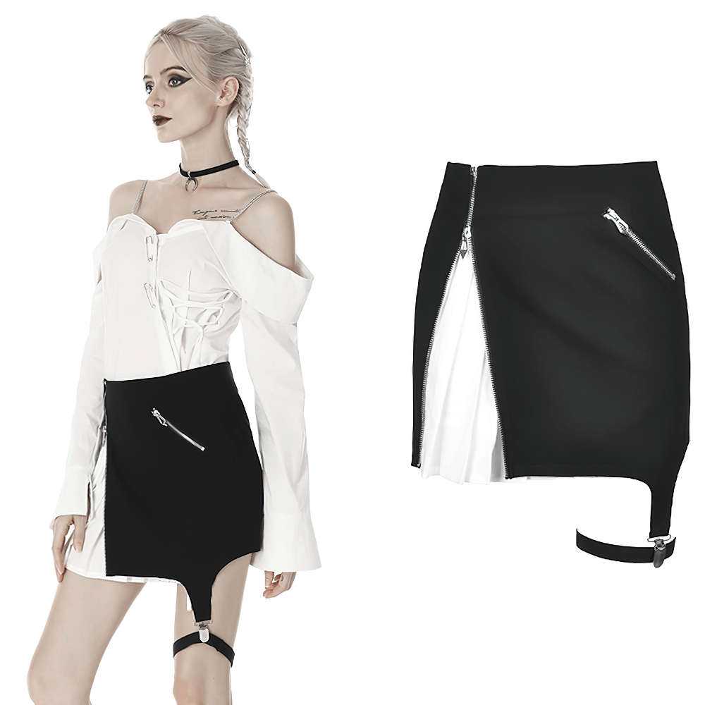 Black and white punk mini skirt with side zipper and leg loop detail, paired with an edgy off-shoulder top.