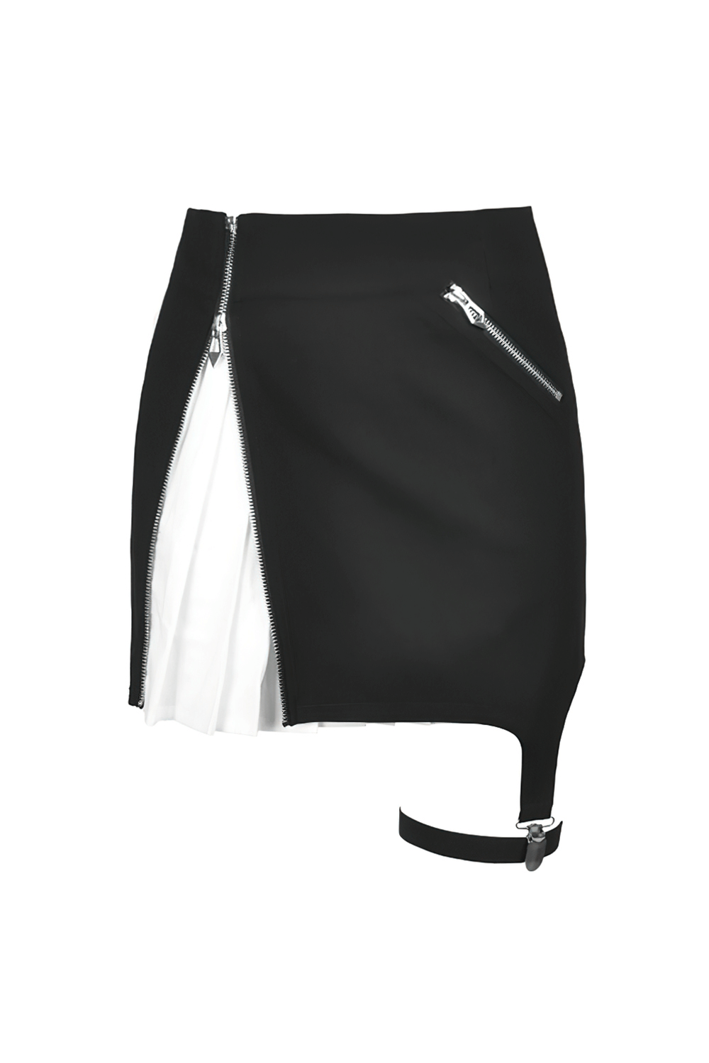 Stylish black and white punk mini skirt with leg loop zipper and pleated overlay, perfect for a gothic look.