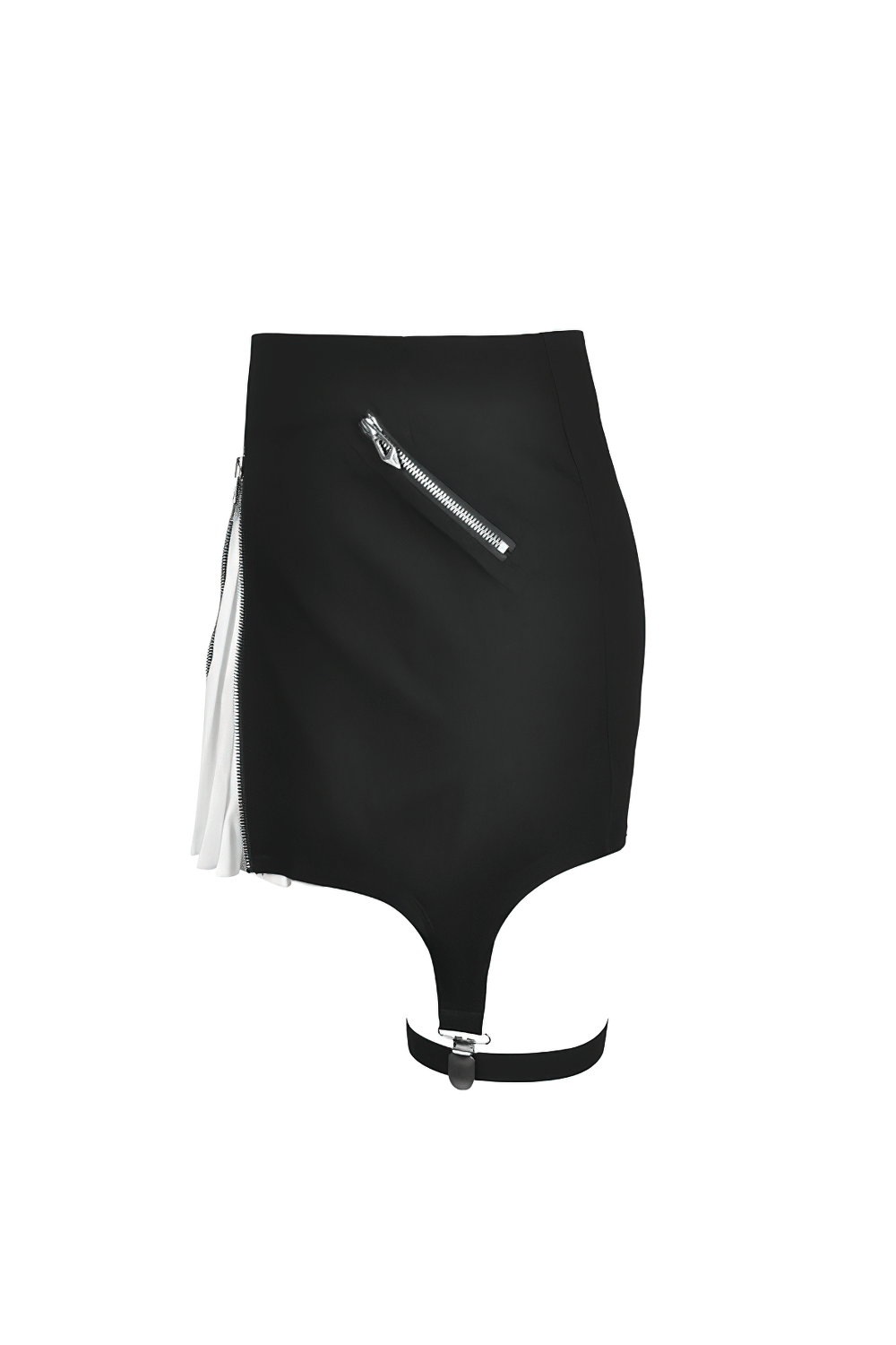 Black and white punk mini skirt with leg loop and zipper details, perfect for edgy fashion lovers.